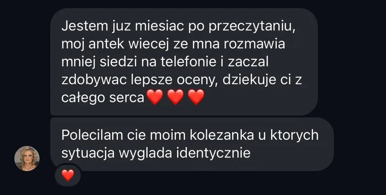 Wiadomość prywatna od Beaty K. — syn chodzi spać przed 23 już trzeci tydzień, pierwszy raz powiedział dobranoc sam z siebie
