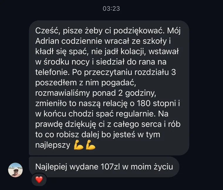 Wiadomość prywatna od Tomasza R. o tym jak po przeczytaniu rozdziału 3 odzyskał kontakt z synem Adrianem
